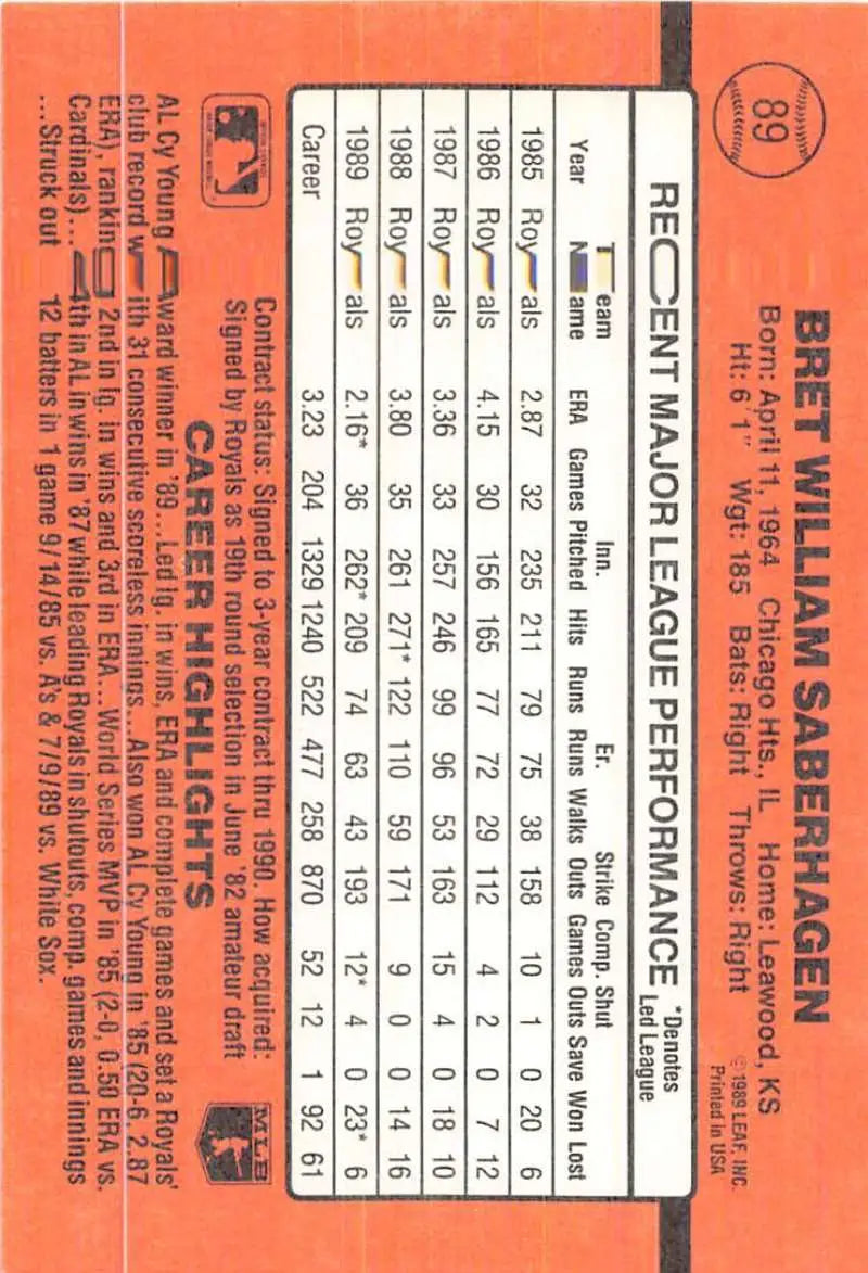 Orange baseball card featuring Bret Saberhagen career stats for trading cards collectors