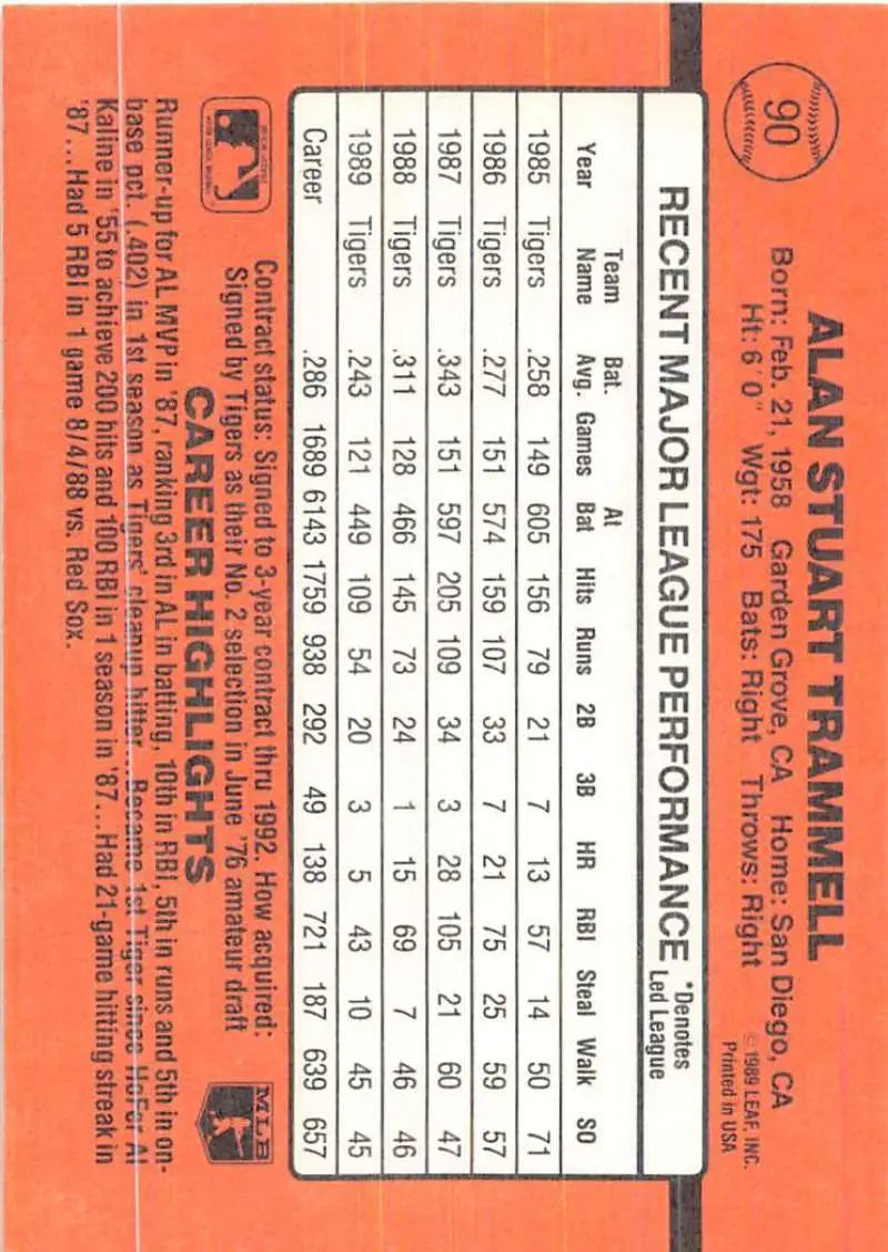 1990 Donruss #90 Alan Trammell Baseball Card featuring player stats in orange format