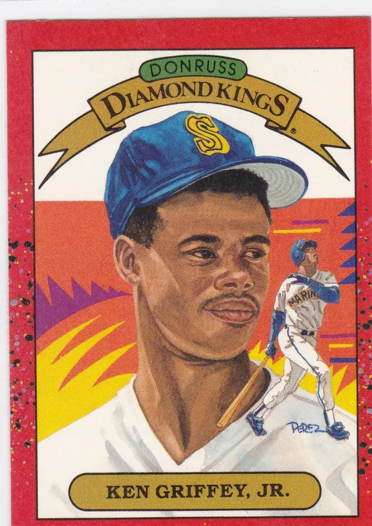 Baseball card of Ken Griffey Jr in Seattle Mariners cap from Donruss Diamond Kings