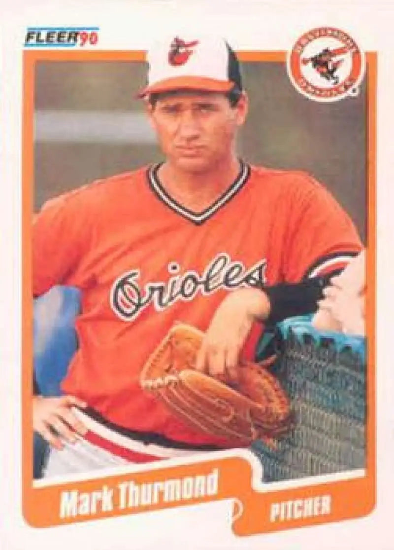 1990 Fleer Mark Thurmond Baltimore Orioles Baseball Card in orange uniform
