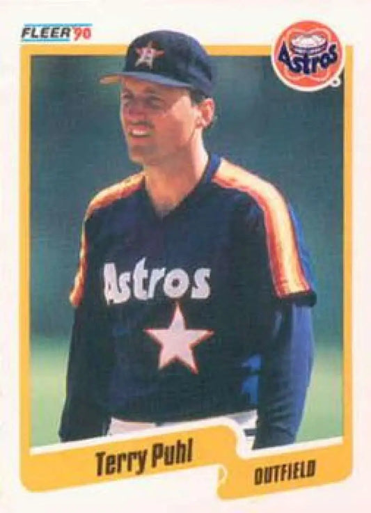 1990 Fleer Terry Puhl baseball card featuring Houston Astros outfielder in navy jersey