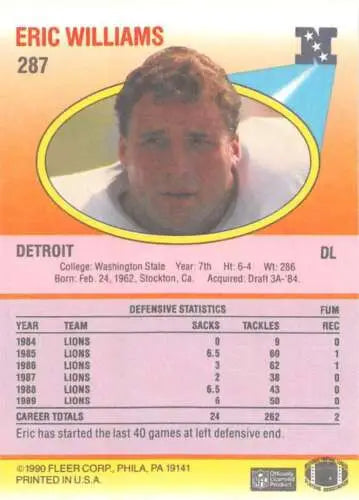 1990 Fleer #287 Eric Williams NM-MT RC Rookie card with original gloss featuring Detroit Lions