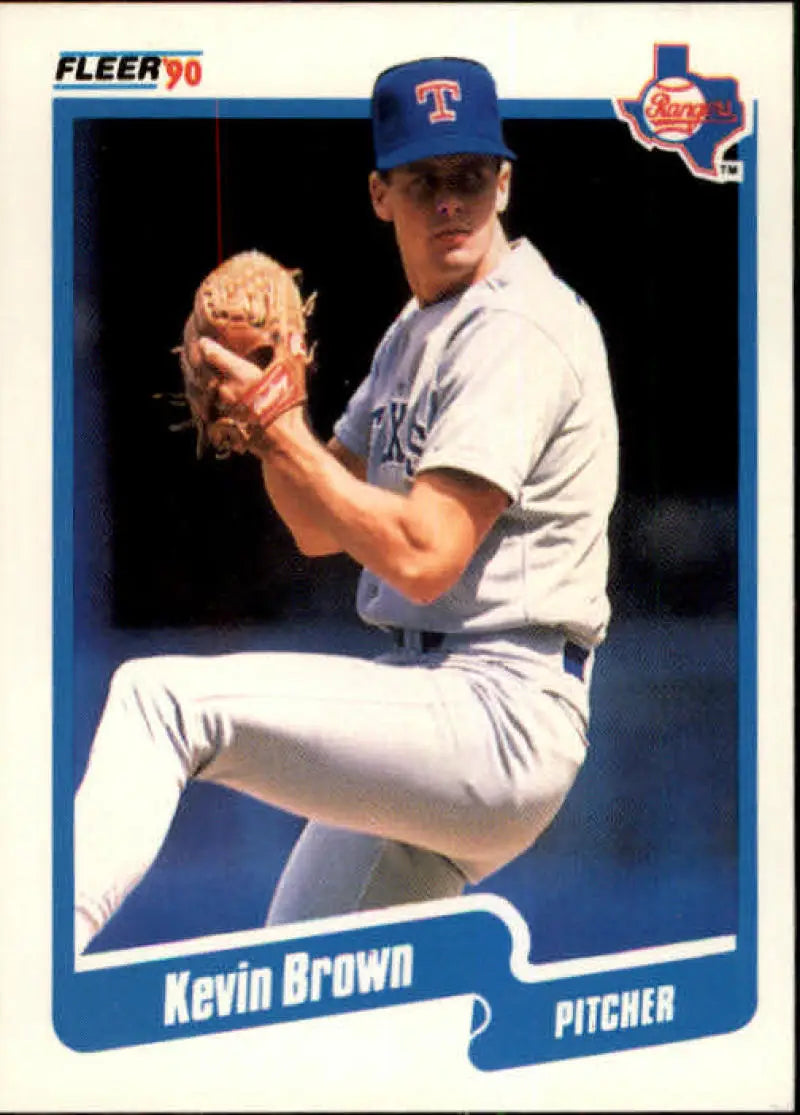 Texas Rangers Kevin Brown baseball card in white uniform during windup motion