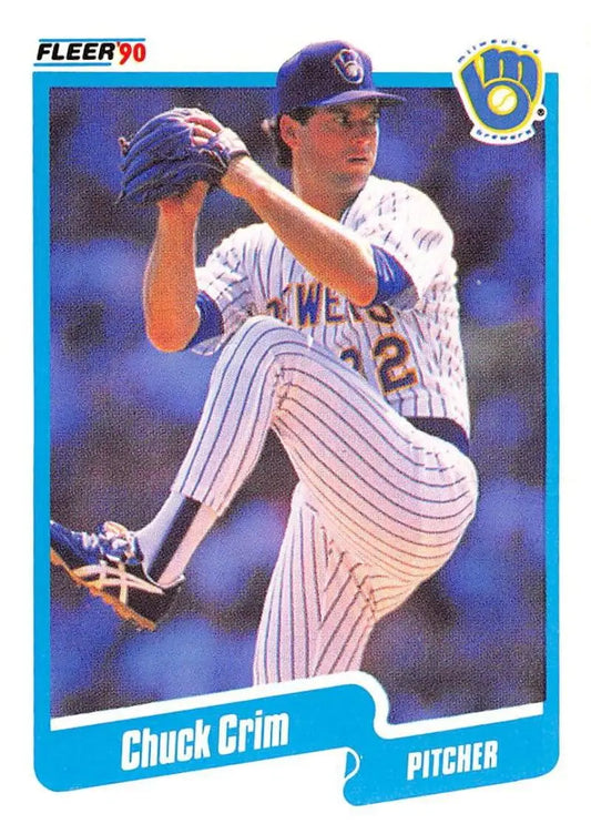 Milwaukee Brewers baseball card of Chuck Crim in windup, white pinstriped uniform