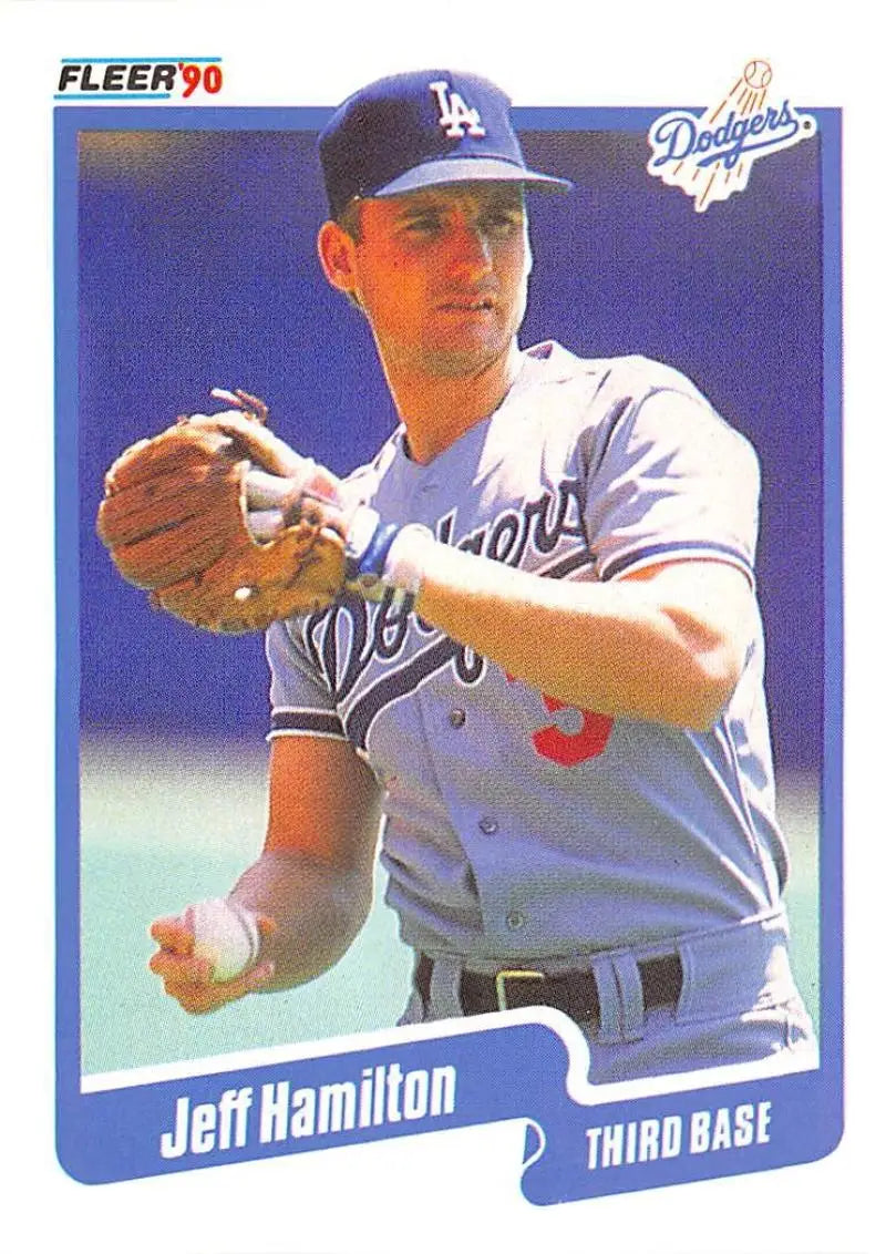 1990 Fleer Jeff Hamilton baseball card featuring Dodgers third baseman in gray uniform