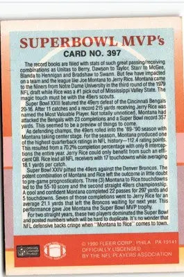 Super Bowl MVPs trading card featuring Jerry Rice and Joe Montana from 1990 Fleer