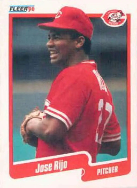 1990 Fleer baseball card of Jose Rijo in Cincinnati Reds red uniform
