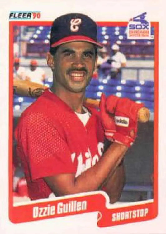 1990 Fleer Ozzie Guillen baseball card featuring Chicago White Sox shortstop in red uniform