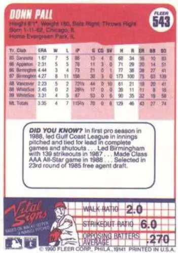 Donn Pall baseball card back from 1990 Fleer #543 with original gloss and high value