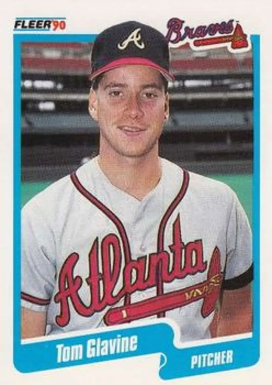 1990 Fleer baseball card of Tom Glavine in Atlanta Braves white home uniform