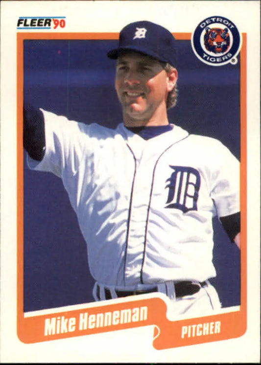 1990 Fleer Mike Henneman baseball card of Detroit Tigers pitcher in home uniform