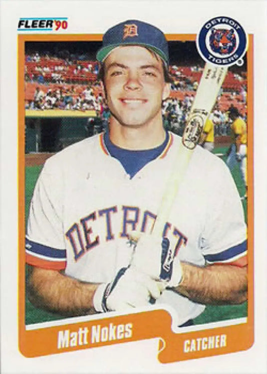 1990 Fleer Matt Nokes baseball card featuring Detroit Tigers catcher with bat