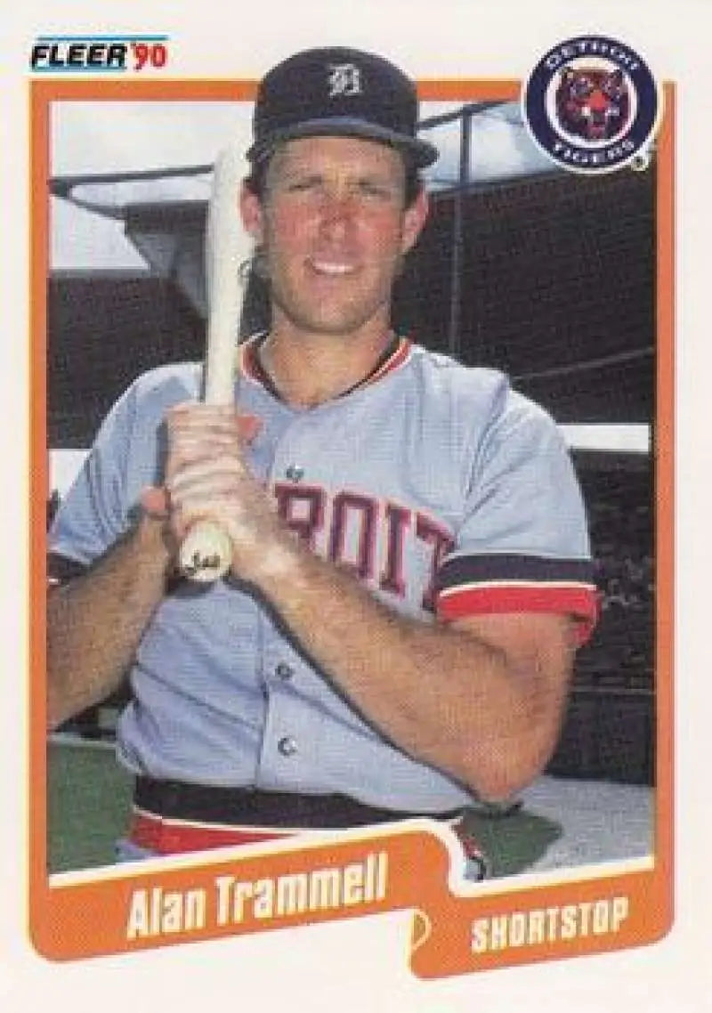 1990 Fleer #617 Alan Trammell Detroit Tigers baseball card in home uniform with bat