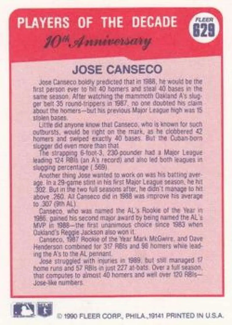 Baseball card featuring Jose Canseco from the Oakland Athletics 1990 Fleer series