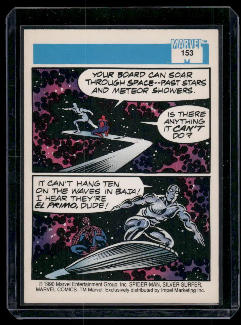 Collectible Marvel comic card featuring Spider-Man and Silver Surfer from Impel Marvel Comics
