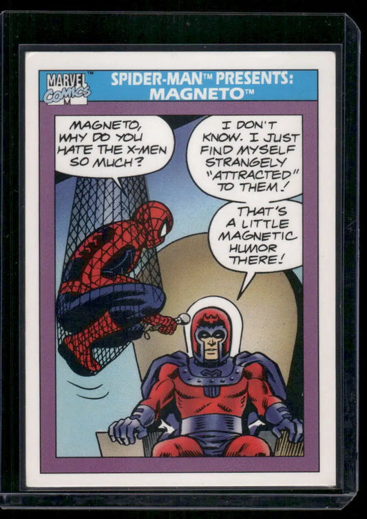 Collectible trading card featuring Spider-Man and Magneto from 1990 Impel Marvel Comics