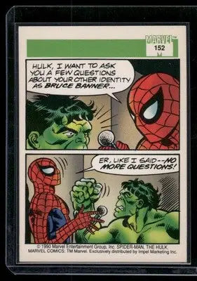 Collectible Marvel comic card featuring Spider-Man interviewing the Hulk from Impel Marvel Comics