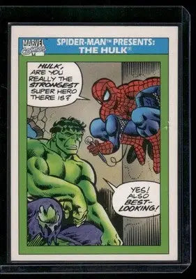 Impel Marvel Comics trading card featuring Spider-Man interviewing the Hulk from 1990
