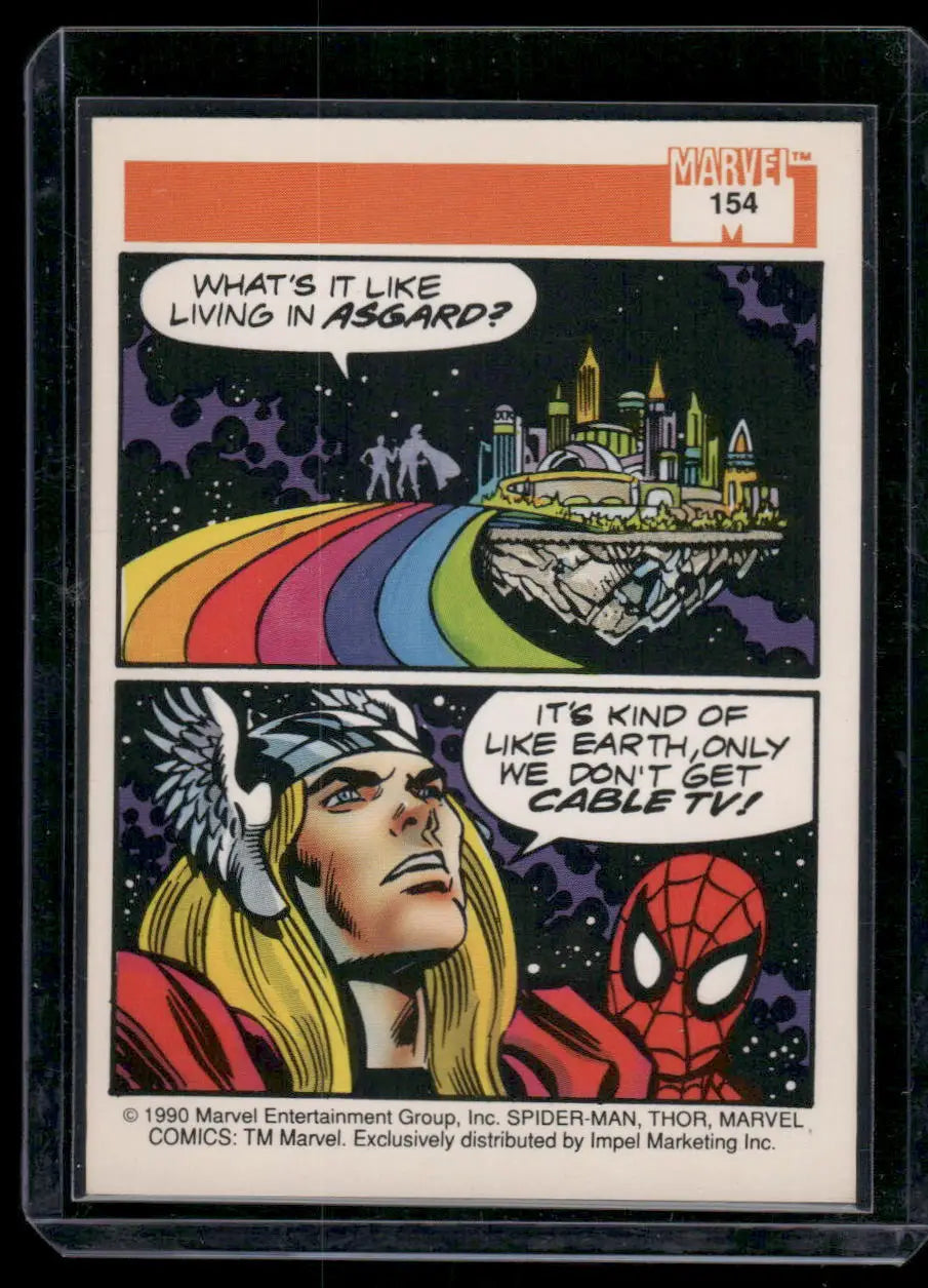 Vintage Marvel comic trading card in protective sleeve featuring Impel Marvel Thor and Spider-Man