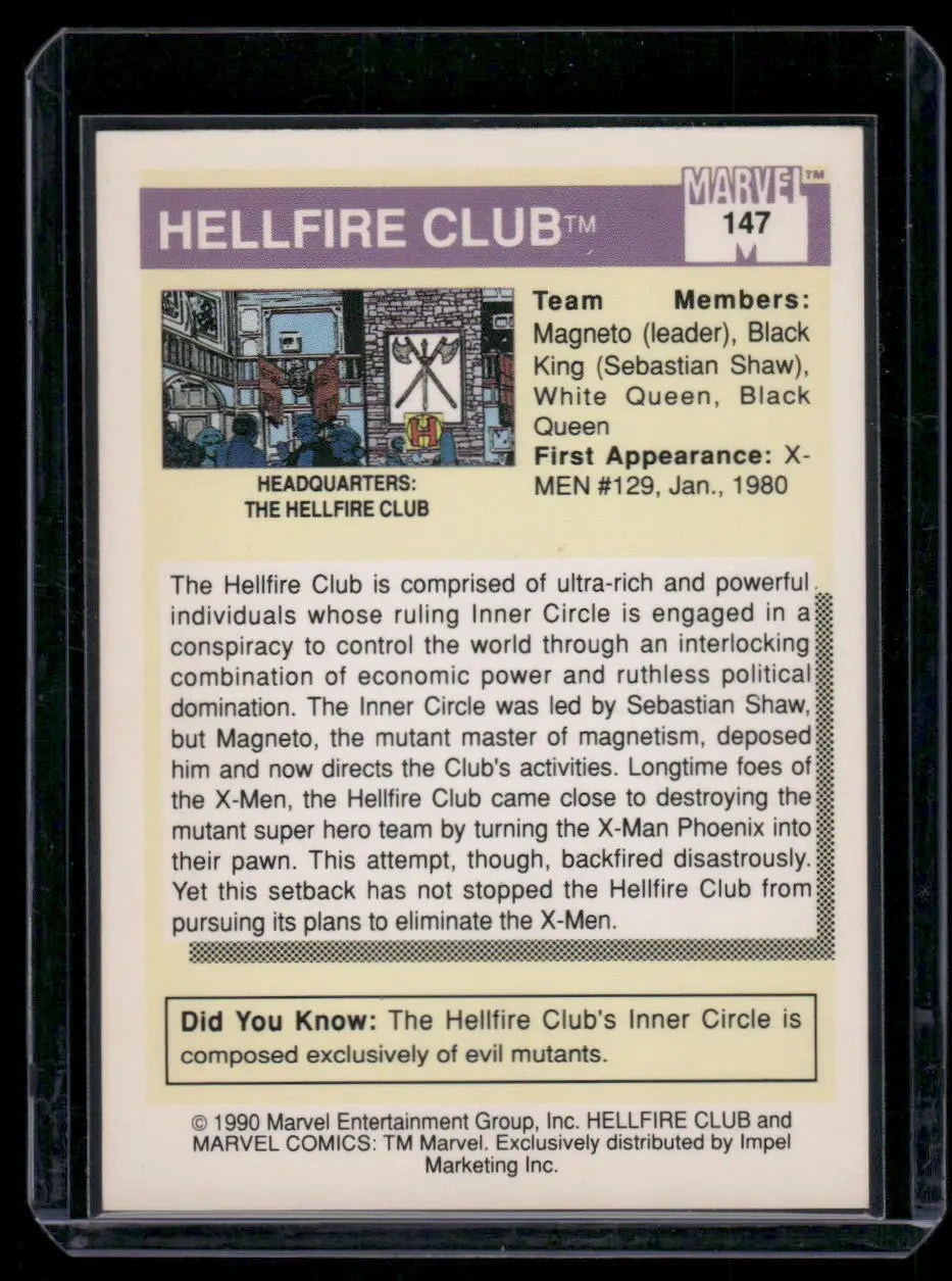 Collectible Marvel trading card featuring the Hellfire Club from 1990 Impel Marvel Universe Black Queen series