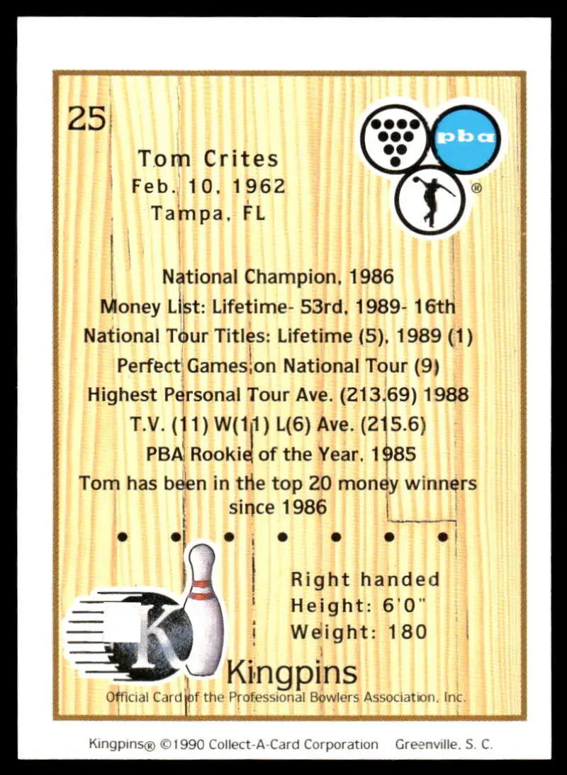 Bowling-themed PBA Bowling Card featuring Tom Crites and a bowling pin illustration