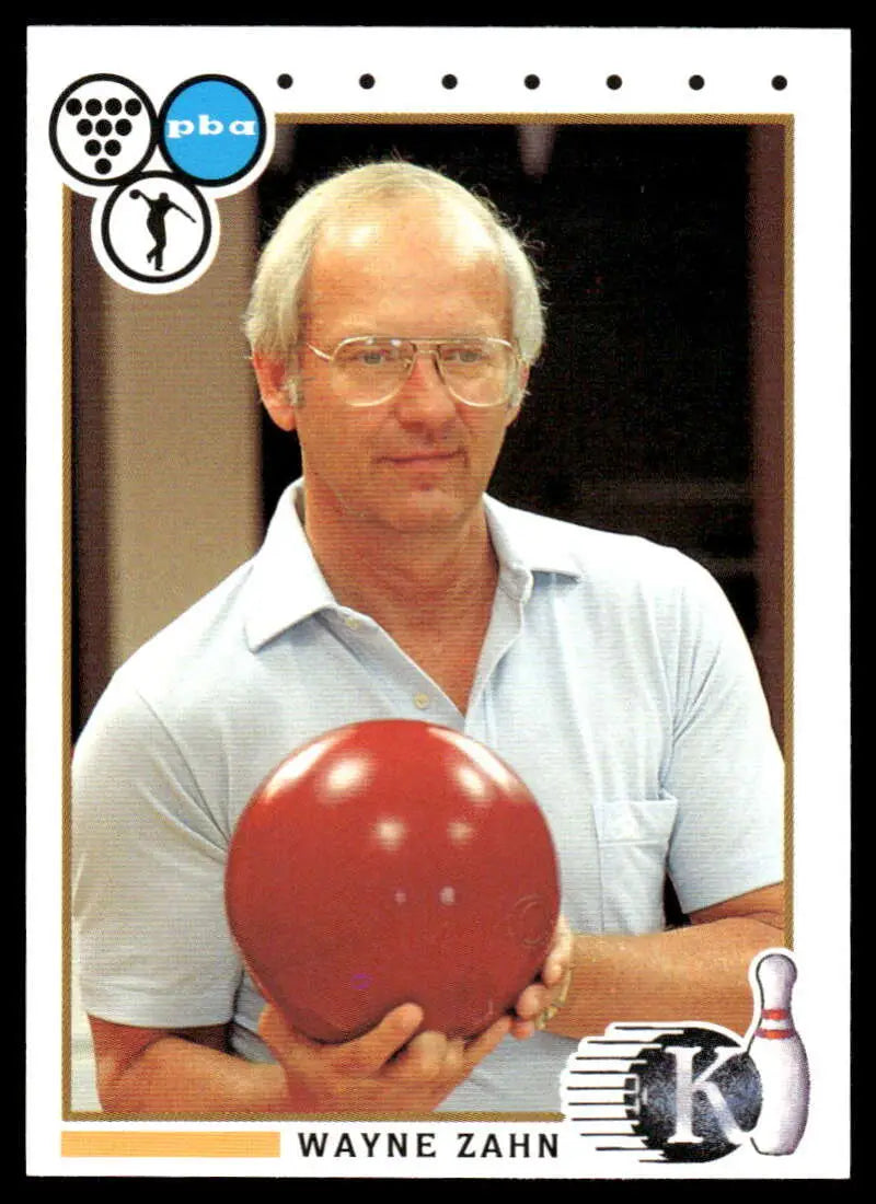 Wayne Zahn in a white polo shirt holding a red bowling ball on a PBA Bowling Card