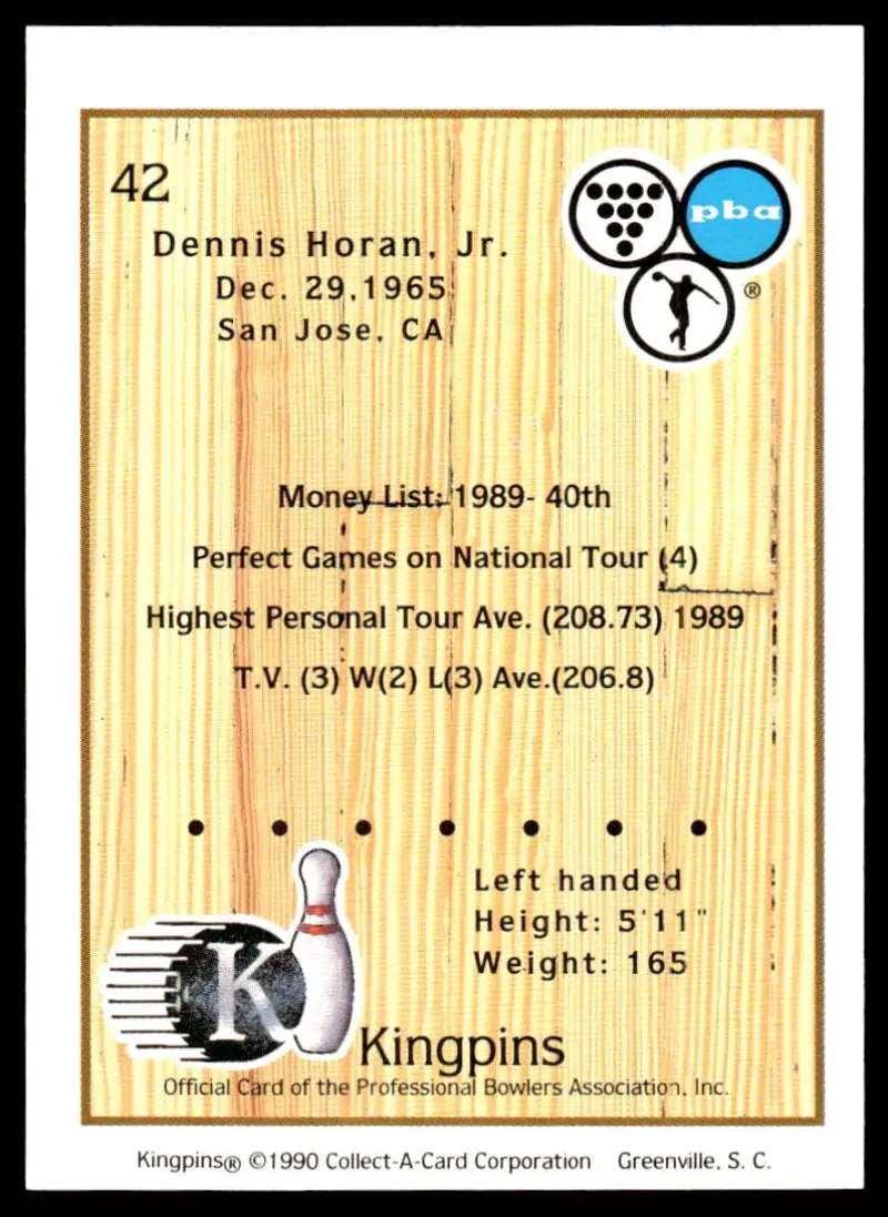 Dennis Horan PBA Bowling Card showcasing statistics on a wooden background