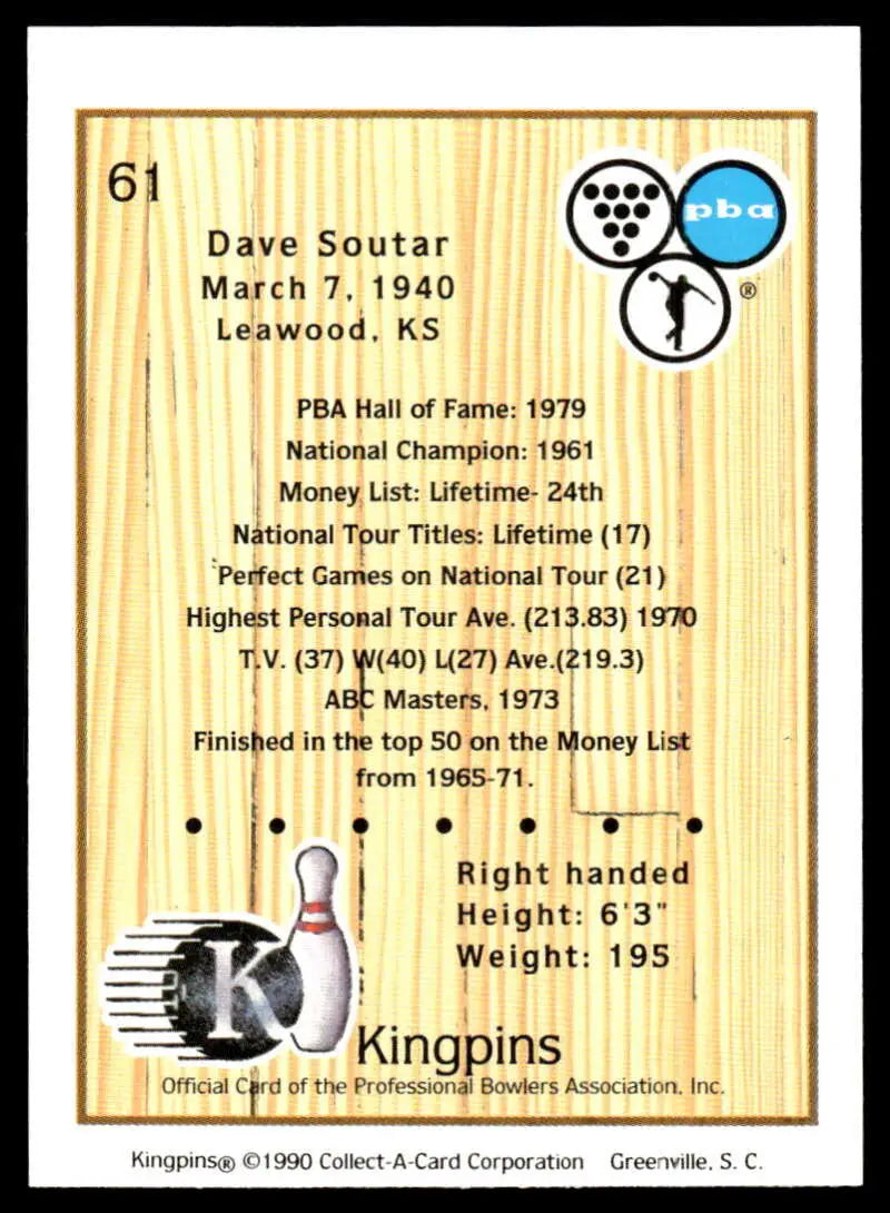 Bowling-themed trading card featuring Dave Soutar’s PBA career stats from 1940-1979