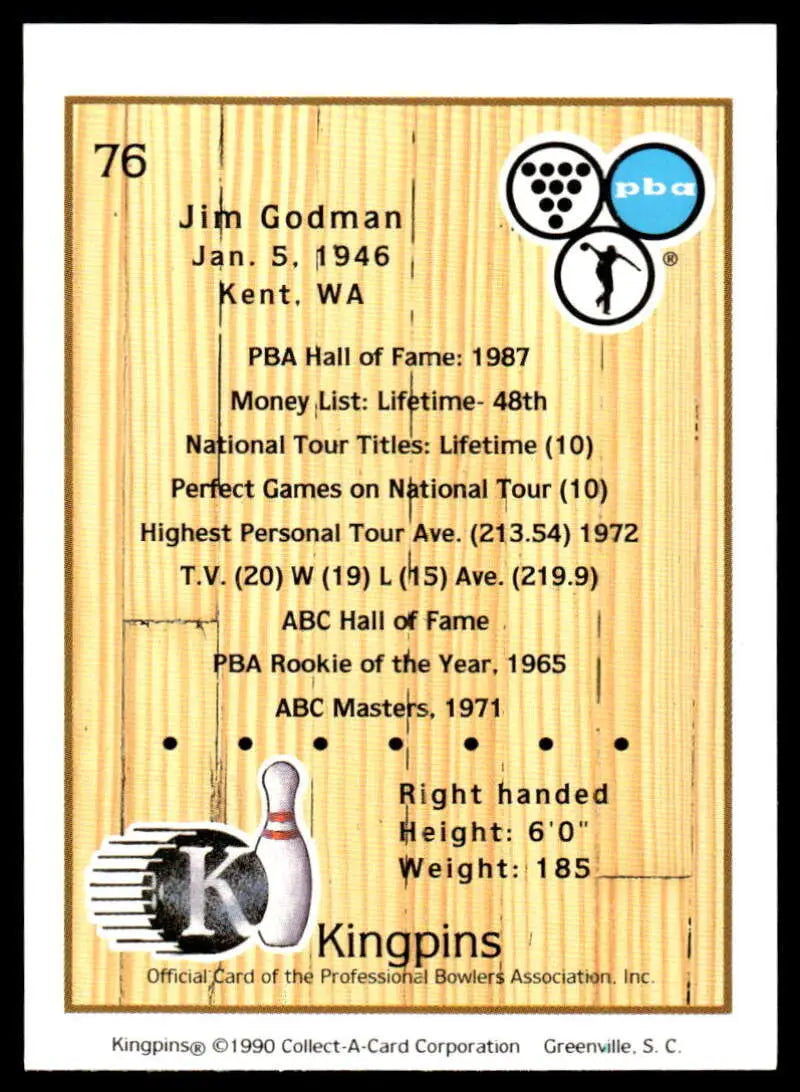Vintage Jim Godman PBA bowling card 1990 showcasing player statistics and achievements