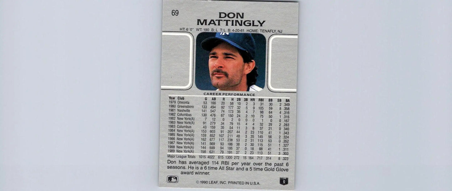 1990 Leaf #69 Don Mattingly baseball card showcasing the iconic player for collectors
