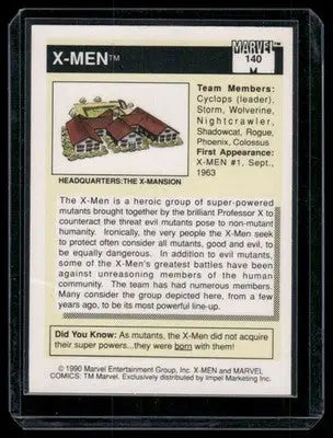 Collectible X-Men trading card from 1990 Marvel #140 series on display