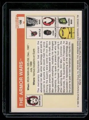 Collectible Iron Man trading card from The Armor Wars series featuring Marvel Universe Guardsman and Guardsman Controller Stingray