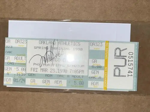 Signed Oakland Athletics Spring Training ticket featuring 1990 Mike Gallego AUTO