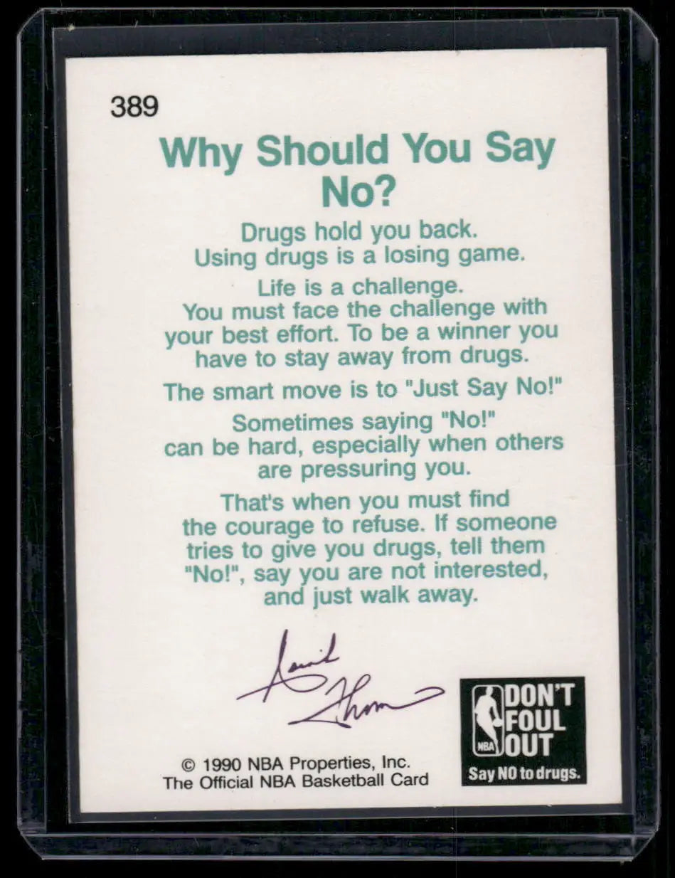 Back of an anti-drug NBA Hoops Isiah basketball card featuring basketball player info