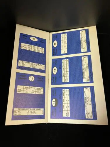 Open booklet showcasing blue and white pages from the 1990 Pocket Price Guide Jerry Rice