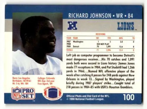 Richard Johnson Detroit Lions football card from 1990 Pro Set with original gloss