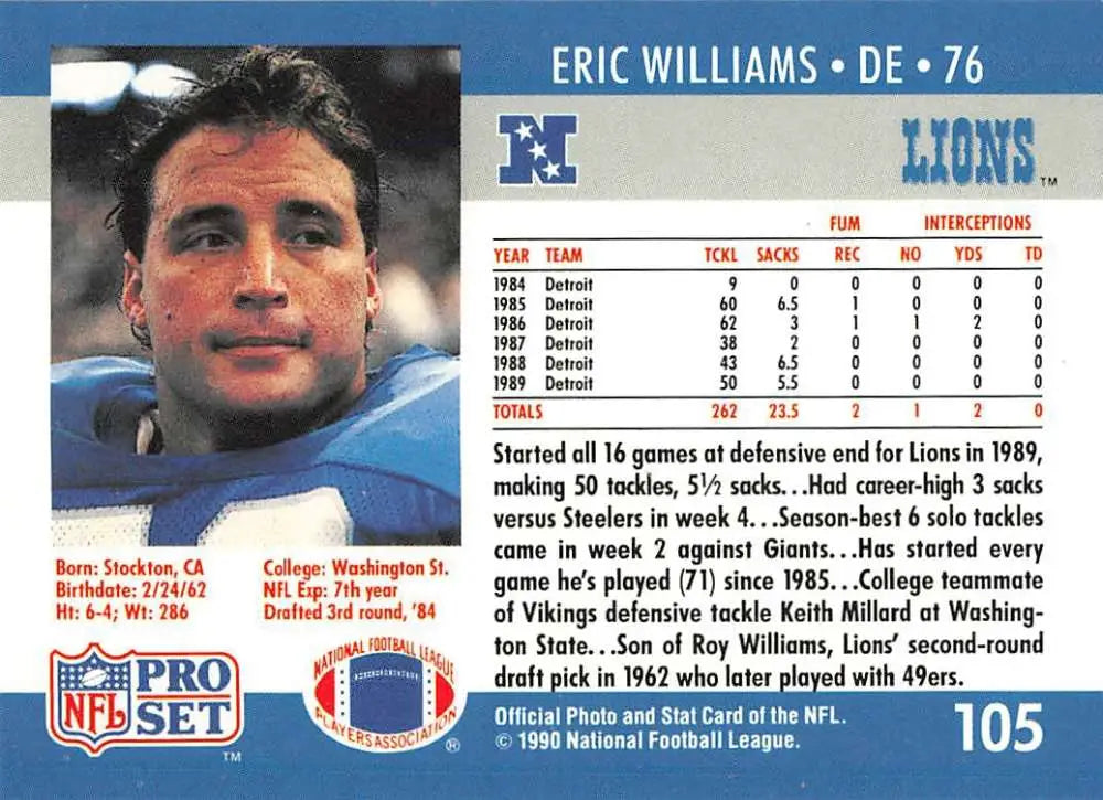 Eric Williams Detroit Lions football card in blue jersey from Pro Set 1990