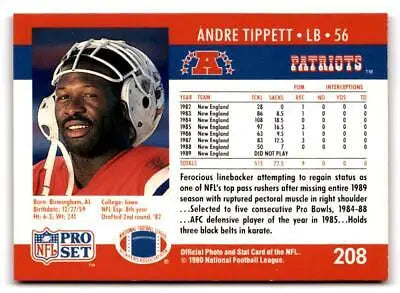 Andre Tippett 1990 Pro Set #208 trading card featuring the NFL legend