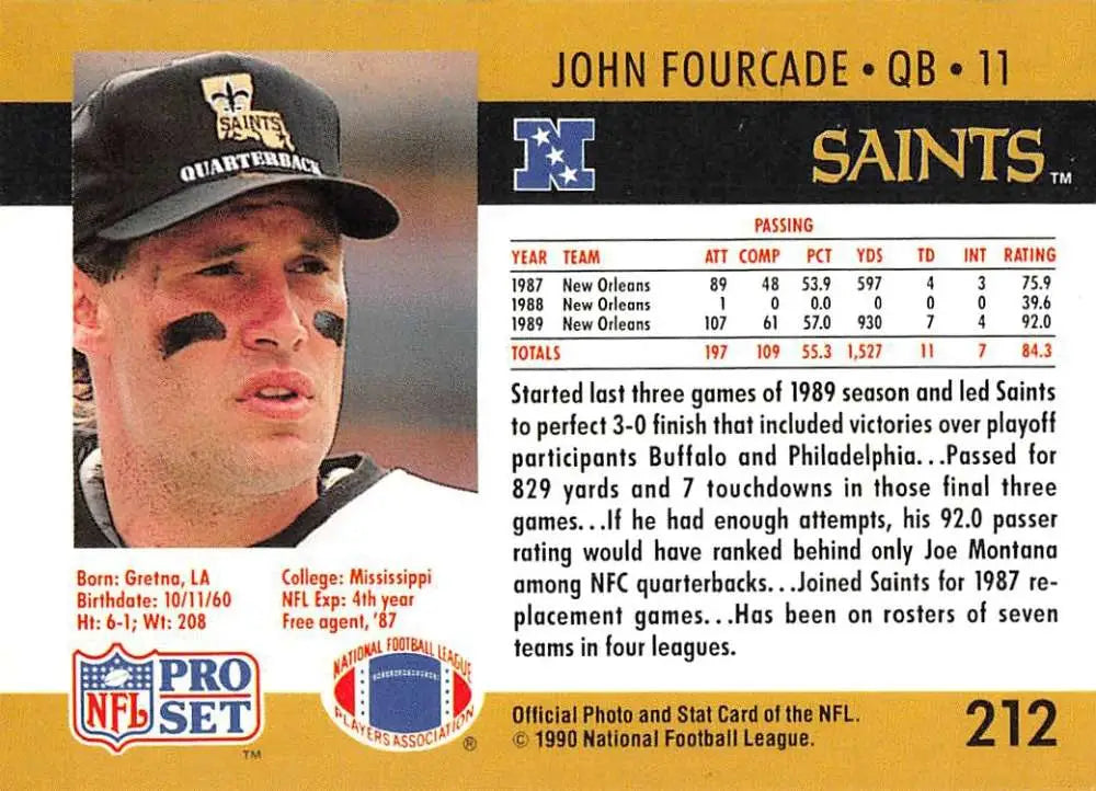 NFL Pro Set football card of John Fourcade, Orleans Saints quarterback in black cap