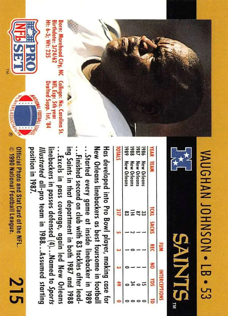 NFL trading card of Vaughan Johnson from the New Orleans Saints football team