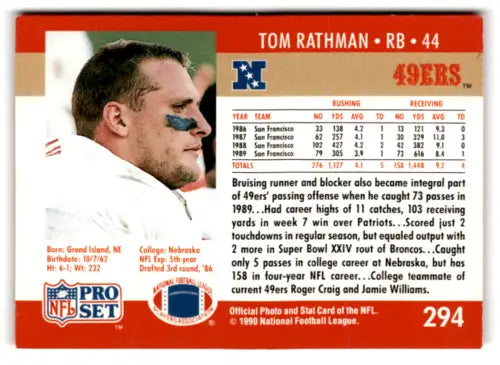 Tom Rathman football card from 1990 Pro Set with original gloss, EX/NM condition