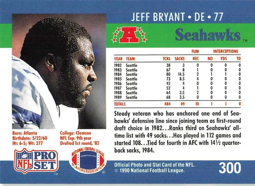 Seattle Seahawks Jeff Bryant football card from the 1990 Pro Set against dark background
