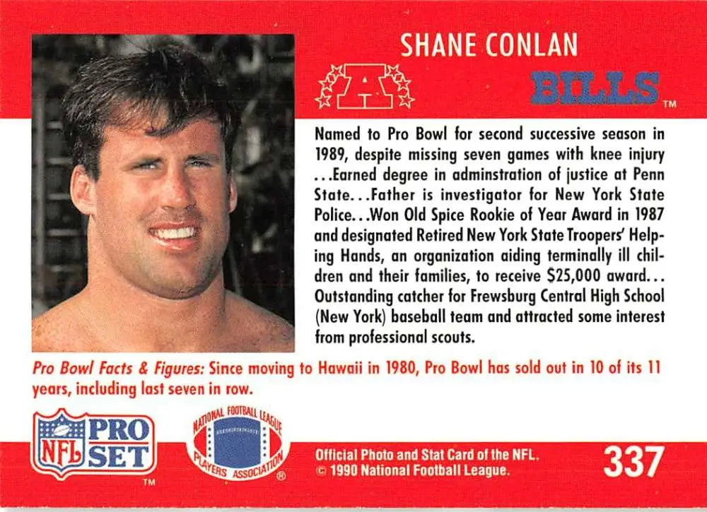 Red NFL Pro Set trading card of Shane Conlan from Buffalo Bills football