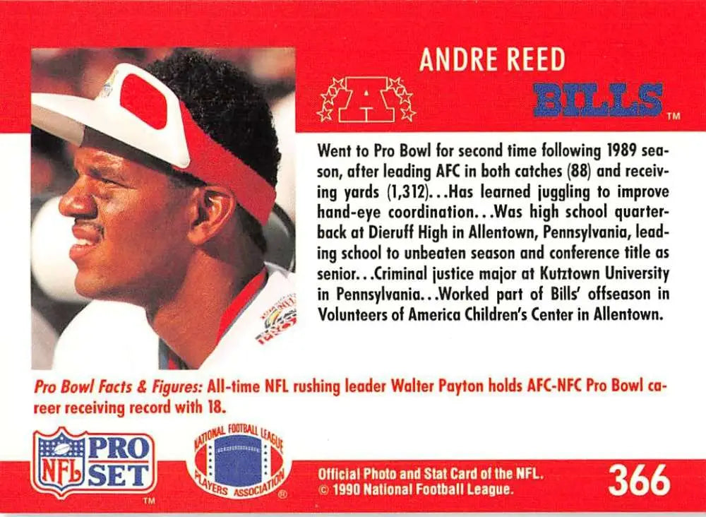 NFL trading card of Andre Reed, Buffalo Bills, on a red background with bio text