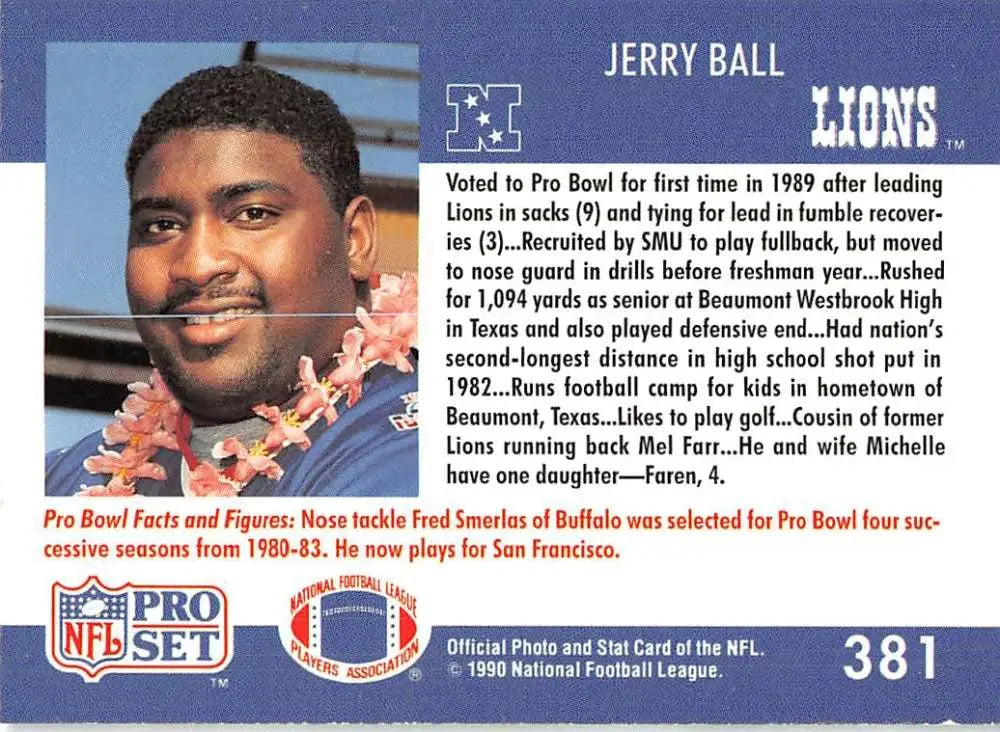 1990 Pro Set #381 Jerry Ball Detroit Lions Football Card in NM-MT condition