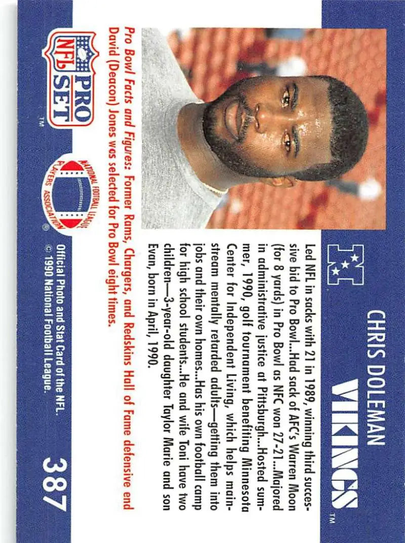 NFL trading card of Chris Doleman featuring Minnesota Vikings logos on a blue border