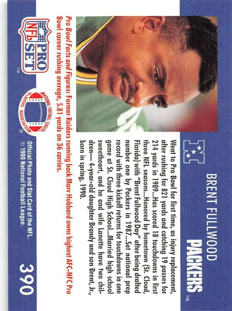 NFL Pro Set trading card of Brent Fullwood in a Green Bay Packers jersey