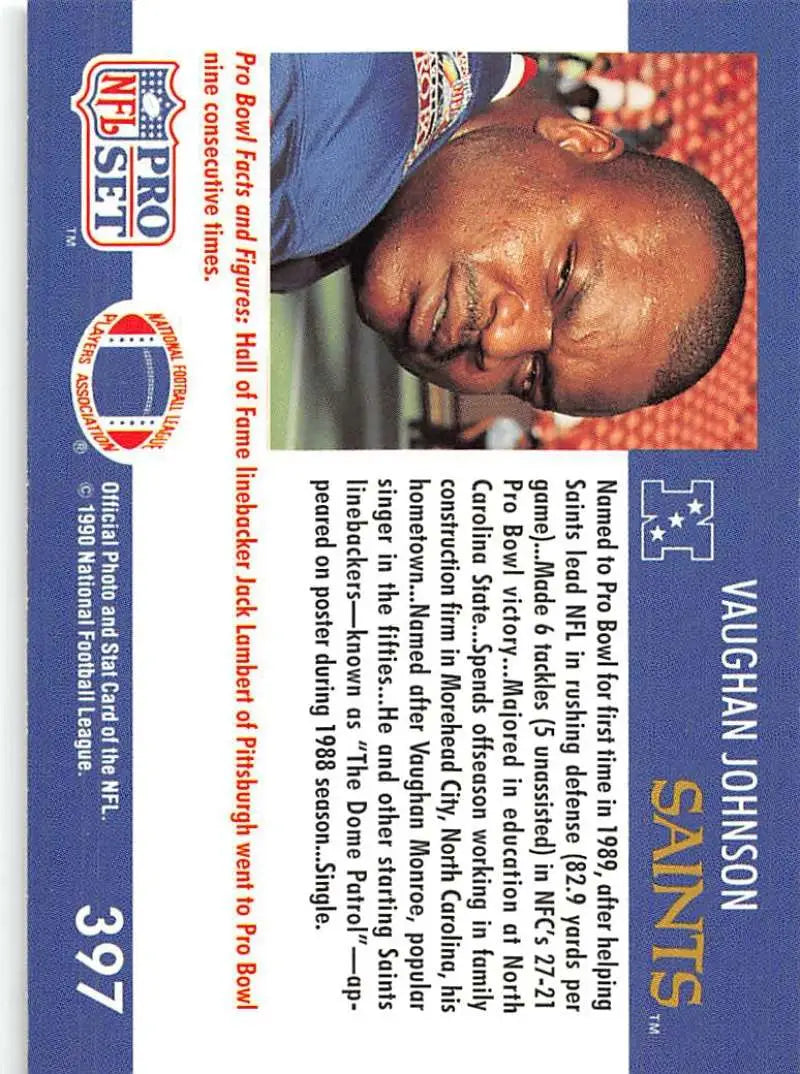 Pro football trading card of Vaughan Johnson from New Orleans Saints Pro Set