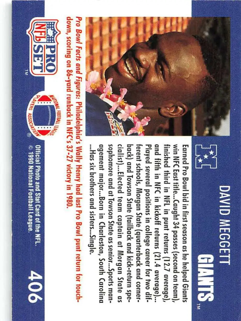 1990 Pro Set #406 Dave Meggett card featuring New York Giants player collectible