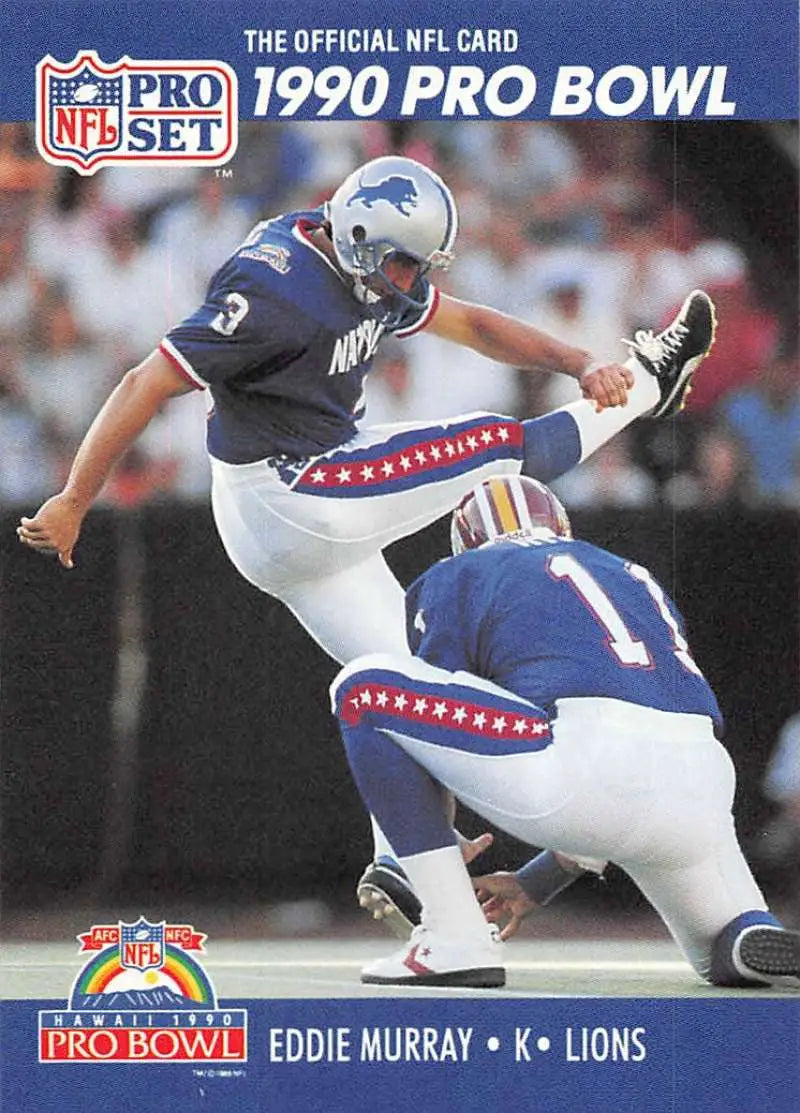 1990 Pro Set #409 Eddie Murray Football Card featuring Detroit Lions kicker in action